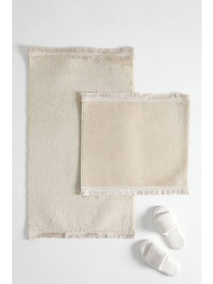 Handanca Puffy Yumuşak Yıkanabilir Düz Saçaklı Peluş Kaydırmaz Taban 2'li Banyo Paspası Bej 60X100-40X60