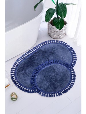 PremiumPort Yumuşak Mavi Ikili Püsküllü Oval Banyo Paspası, Kaymaz Tabanlı, Modern