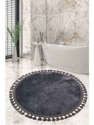 PremiumPort Relax Antrasit Yuvarlak 120X120 cm Ponpon Saçaklı Kaymaz Banyo Paspası