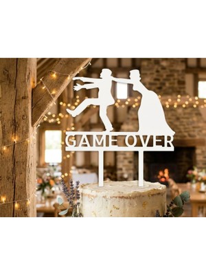 Beyaz Akrilik Game Over Pasta Süsü - Düğün-Nişan-Bride Dekoru