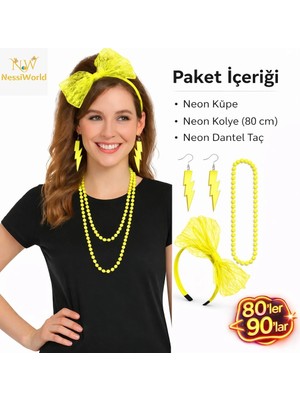 Siv Ticaret Mey Ithalat® 80’ler 90’lar Neon Sarı Parti Seti – Kolye Küpe Taç