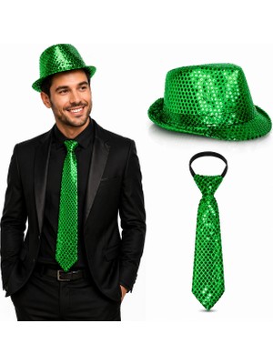 Siv Ticaret Mey Ithalat® Yeşil Payetli Şapka ve Kravat Seti – Işıltılı Parti Kombini