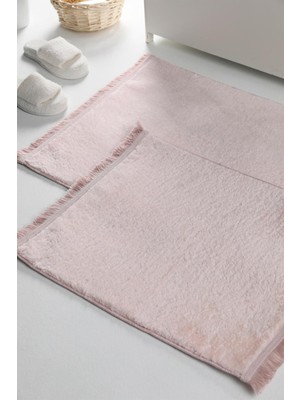Handanca Puffy Yumuşak Yıkanabilir Düz Saçaklı Peluş Kaydırmaz Taban 2'li Banyo Paspası Pembe 60X100-40X60