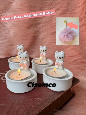 Özgürce Sıcacık Kedi Temalı Dekoratif Tealight Mumluk ve Peluş Anahtarlık Seti