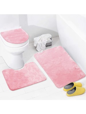 PremiumPort Yumuşak Pembe Banyo Paspası 3'lü Seti, Kaymaz ve Yıkanabilir Tasarım