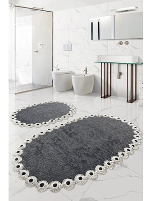 PremiumPort Antrasit Çeyizlik Dantelli 2'li Banyo Paspası Seti Kaymaz Tabanlı