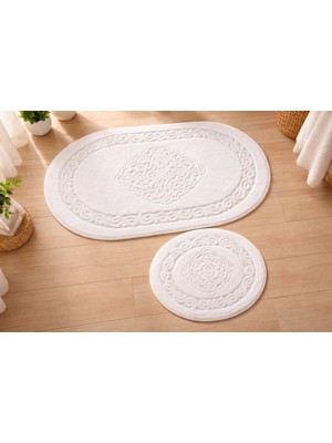 Handanca Pamuklu Oval Banyo Paspası 2'li Takım Beyaz 60*100 & 50*60