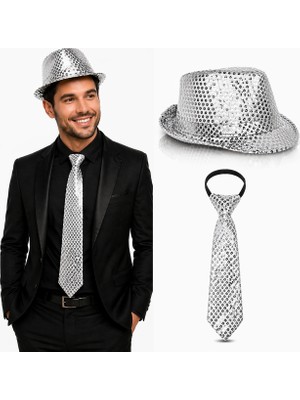 Siv Ticaret Mey Ithalat® Gümüş Payetli Şapka ve Kravat Seti – Işıltılı Parti Kombini