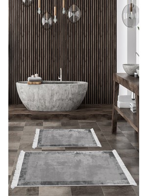 Handanca Kaymaz Taban Djt 2 Li Banyo Paspas Takımı Star Pamuk Saçaklı Modern 1921 Gri