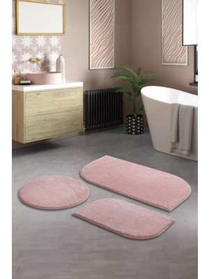 Handanca Yumuşak Makinede Yıkanabilir Saçaklı Modern Klozet Takımı Pembe 3'lü Set( 60X100-60X60-60X40 )