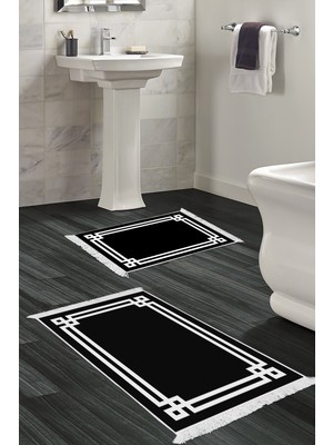 Handanca Kaymaz Taban Djt 2 Li Banyo Paspas Takımı Star Pamuk Saçaklı Modern 1669 Siyah
