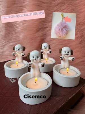 Özgürce Yumuşak Peluş Köpek Dekoratif Tealight Mumluk ve Anahtarlık Seti