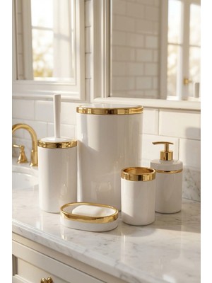 PremiumPort Şık 5'li Banyo Seti, Akrilik, Gold Detaylı, Temizlik ve Düzen Için