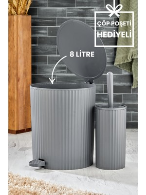 PremiumPort Şık 2 Parça Pedallı Banyo Seti, Çizgili Yuvarlak Çöp Kovası & Wc Fırçası