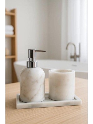 PremiumPort Beyaz Mermer 3 Parça Banyo ve Mutfak Sıvı Sabunluk Seti