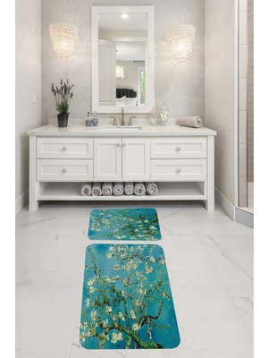 Handanca Mavi Desenli Ikili Banyo Paspas Takımı 60X100 cm 40X60 cm