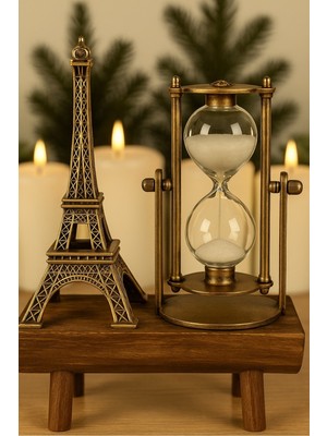 Handanca Dekoratif Eyfel Kulesi Figürlü Kum Saati – Ahşap Standlı Vintage Tasarım