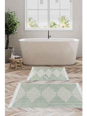 Handanca Kaymaz Taban Djt 2 Li Banyo Paspas Takımı Trend Saçaklı Iskandinav F5085 Yeşil