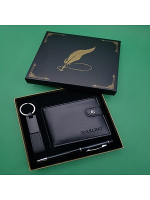 Özgürce Şık Siyah Tükenmez Kalem, Cüzdan ve Anahtarlık Seti