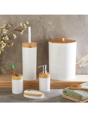 PremiumPort Bambu Desenli Beyaz 5'li Banyo Seti Çöp Kovası, Sıvı Sabunluk, Diş Fırçalık