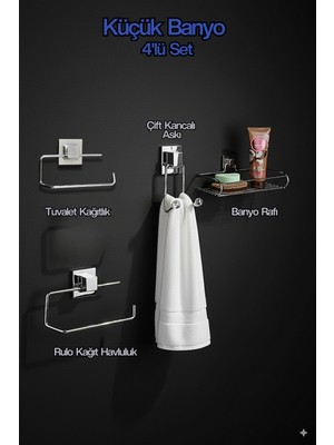 PremiumPort 4'lü Krom Banyo Seti, Raf, Rulo Kağıt, Havluluk ve Tuvalet Kağıtlık