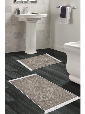 Handanca Kaymaz Taban Djt 2 Li Banyo Paspas Takımı Trend Saçaklı Iskandinav F5137 Kahve