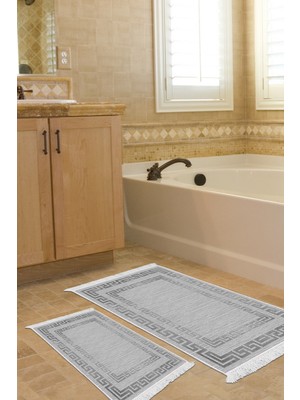 Handanca Kaymaz Taban Djt 2 Li Banyo Paspas Takımı Star Pamuk Saçaklı Modern KT418 Gri