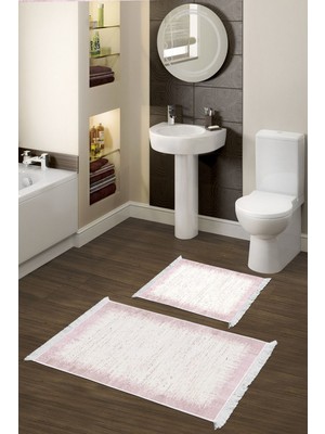 Handanca Kaymaz Taban Djt 2 Li Banyo Paspas Takımı Trend Saçaklı Modern 1342 Pudra