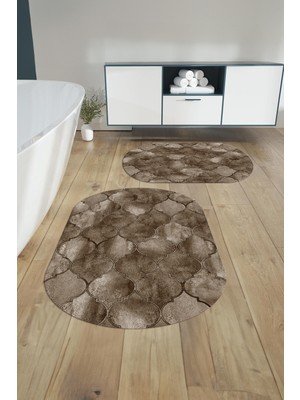 Handanca Dijital Yıkanabilir Kaymaz Taban Kupa Desenli Oval Banyo Paspası Klozet Takımı