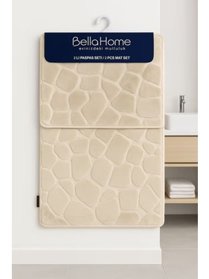 Handanca 2'li Taş Puffy Klozet Takımı - Yıkanabilir Kaymaz Dot Taban - 60X100 cm 50X60 cm - Bej