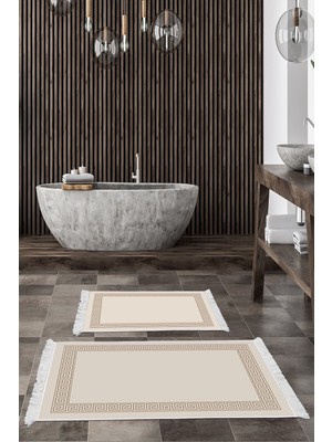 Handanca Kaymaz Taban Djt 2 Li Banyo Paspas Takımı Trend Saçaklı Modern KT493 Krem