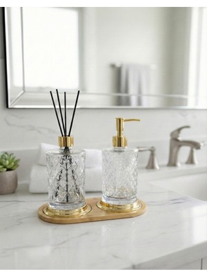 PremiumPort Kristal Cam Kokuluk, Cam Sabunluk ve Bambu Tepsi Seti