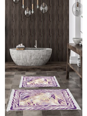 Handanca Dijital 2 Li Banyo Paspas Takımı Star Pamuk Kaymaz Taban Saçaklı Modern Elliot Mürdüm