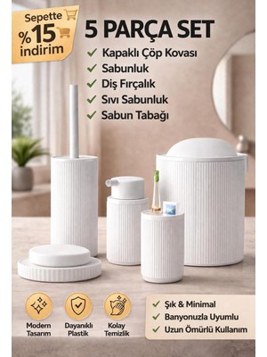 PremiumPort Şık 5'li Banyo Aksesuar Seti: Kapaklı Çöp Kovası, Sabunluk, Diş Fırçalık