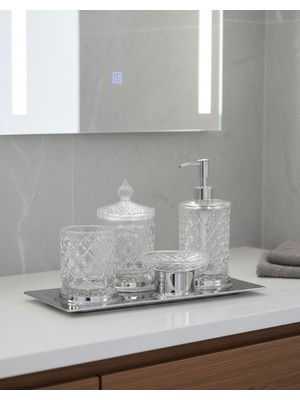 PremiumPort Şık 4 Parça Cam Banyo Seti, Kristal Serisi, Modern ve Zarif Tasarım