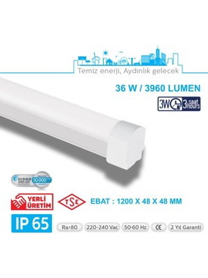 Teletek LED Etanj 36W Acil Durum Kitli Aydınlatma - Otopark, Depo ve Garaj Tipi - Su Geçirmez Tavan Lambası