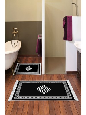Handanca Kaymaz Taban Djt 2 Li Banyo Paspas Takımı Star Pamuk Saçaklı Modern 656M Siyah