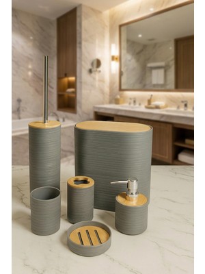 PremiumPort 6 Parça Gri Bambu Kapaklı Oval Banyo Seti, 8 Litre Hacim