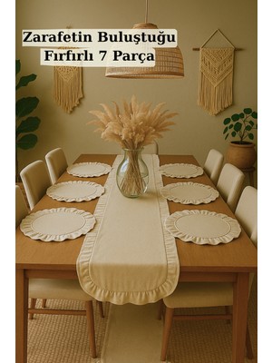 Handanca Fırfırlı Keten Runner & 6'lı Fıfırlı Supla Seti - 7 Parça Çeyiz Seti