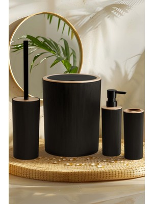 PremiumPort Şık Siyah Banyo Seti (Çöp Kovası, Wc Fırçası, Sıvı Sabunluk, Diş Fırçalık)