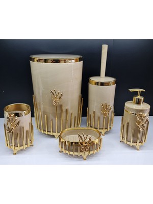 PremiumPort Şık 5 Parça Akrilik Yuvarlak Banyo Seti, Krem Mermer ve Gold Detaylar