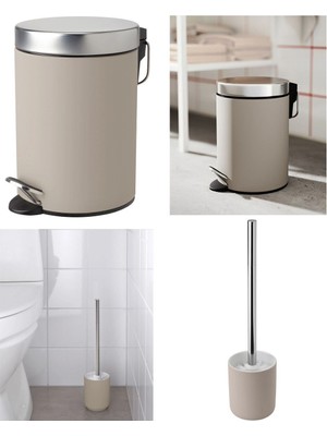 PremiumPort 2'li Banyo Seti: Çöp Kutusu 3 Lt ve Tuvalet Fırçası 38 cm Bej