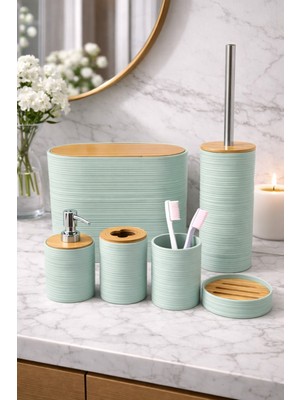PremiumPort Su Yeşili 6 Parça Banyo ve Çöp Kovası Seti, Bambu Detaylı
