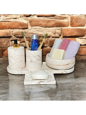 PremiumPort Mermer Desenli Trendy Beton Banyo Aksesuar Seti (5 Parça)