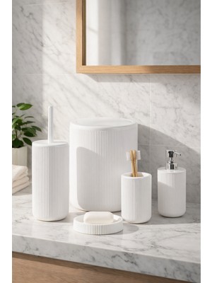 PremiumPort 5 Parça Yuvarlak Banyo Seti, Çöp Kovası, Sabunluk, Diş Fırçalığı ve Silikon Wc Fırçası