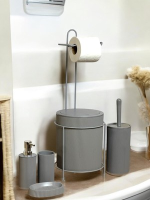 PremiumPort 6 Parça Modern Banyo Seti Metal Stantlı Çöp Kovası ve Tuvalet Fırçası
