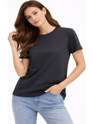 Efnaz Style Bisiklet Yaka Tişört Regular Kalıp Basic Pamuklu Günlük Kullanım T-Shirt - Füme