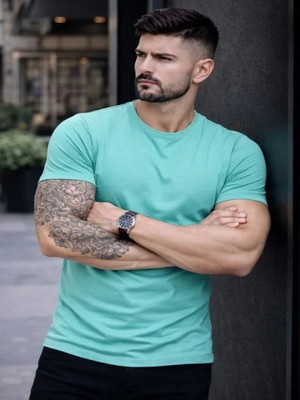 Efnaz Style Erkek T-Shirt Bisiklet Yaka Slim Fit Dar Kesim Likralı Tişört Günlük Basic Body - Turkuvaz
