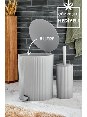 PremiumPort Pratik 2 Parça Pedallı Banyo Seti, Çizgili Yuvarlak Tasarım