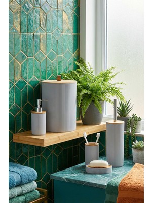 PremiumPort 5'li Yuvarlak Banyo Seti, Bambu Kapaklı, Gri, 7 Litre